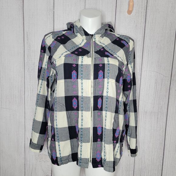 Woolrich Harrington Eco Rich Black White Grey Hooded Plaid Aztec Jacket Size XL - Picture 1 of 12